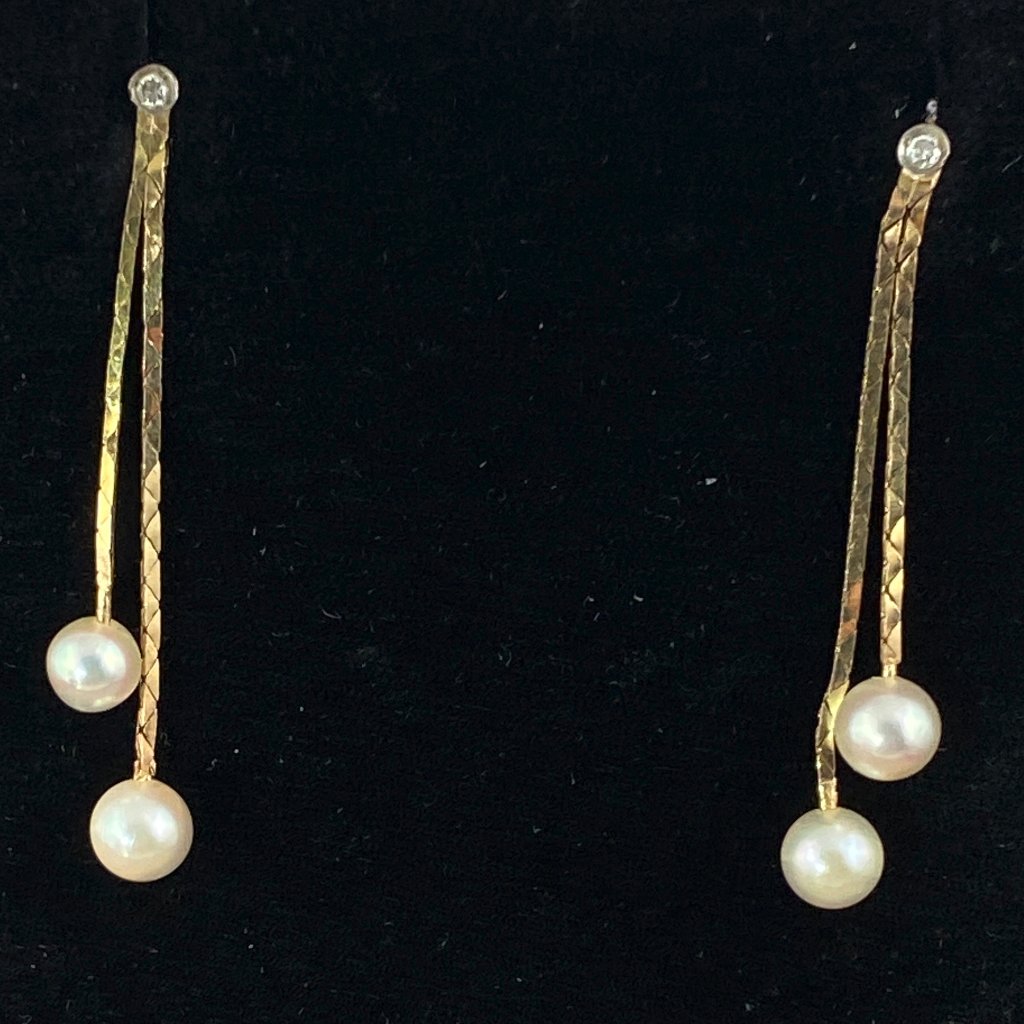 Vintage 14k Gold .06 Carat Diamond Earrings 2 Strand Cobra With 5mm Round Pearls